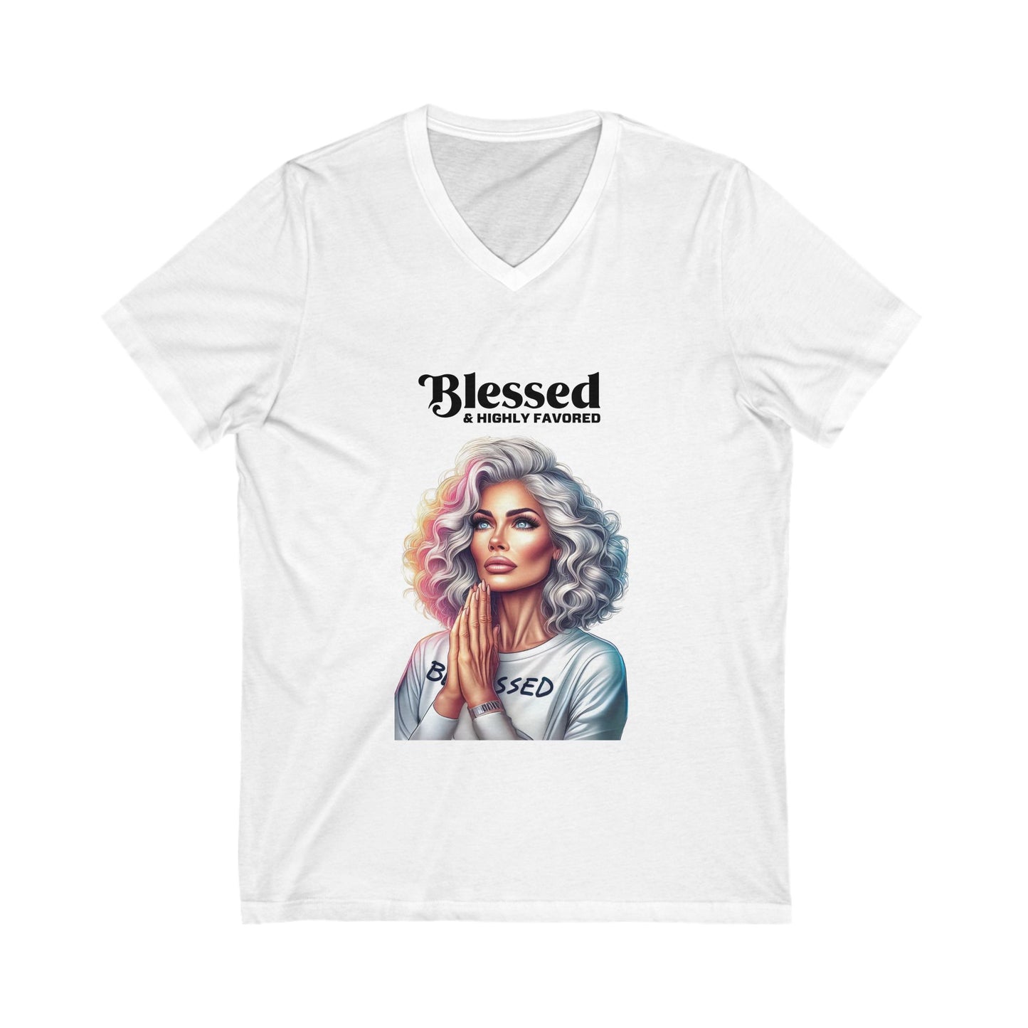 Blessed & Highly Favored V-Neck Tee, Inspirational T-Shirt, Faith-Based Apparel, Perfect Gift for Church, Casual Wear, Spiritual Motivation