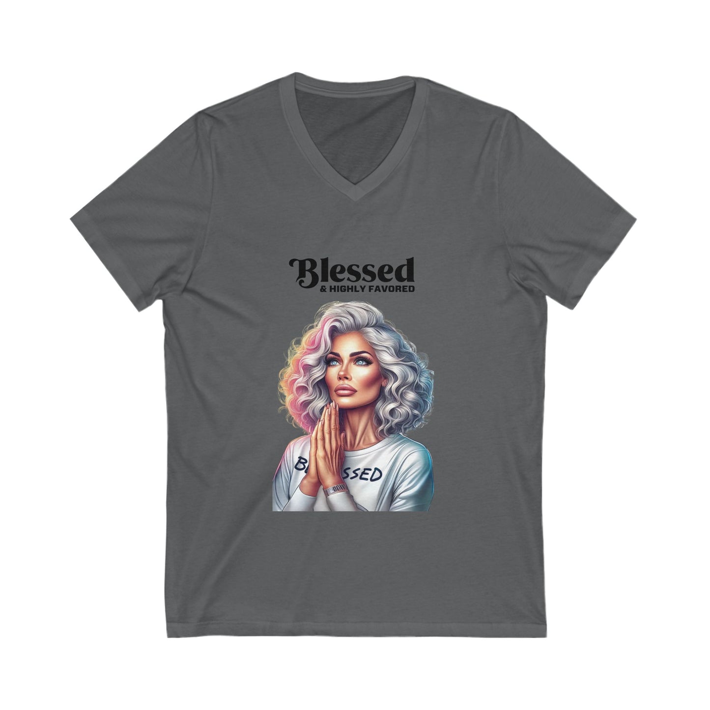 Blessed & Highly Favored V-Neck Tee, Inspirational T-Shirt, Faith-Based Apparel, Perfect Gift for Church, Casual Wear, Spiritual Motivation