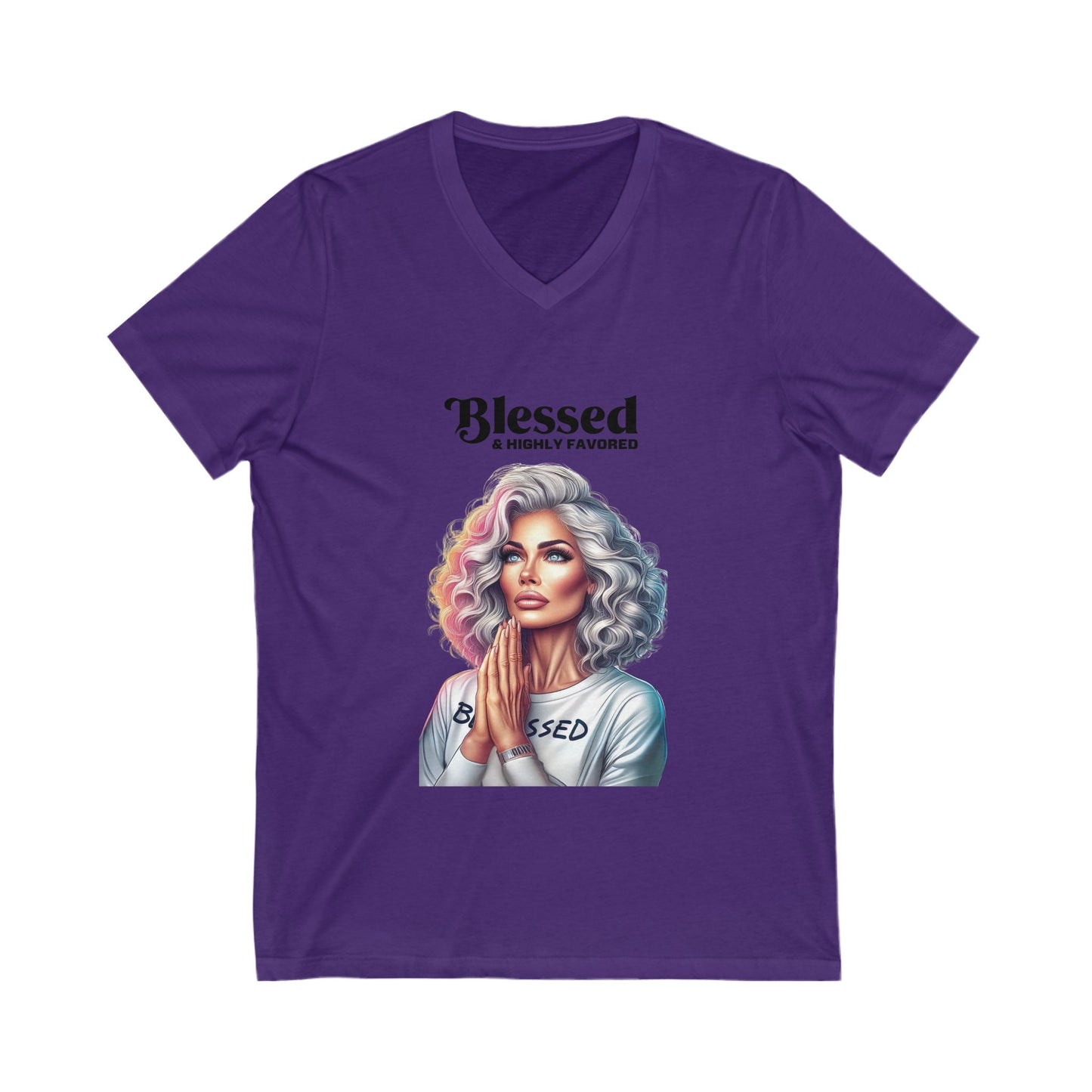 Blessed & Highly Favored V-Neck Tee, Inspirational T-Shirt, Faith-Based Apparel, Perfect Gift for Church, Casual Wear, Spiritual Motivation