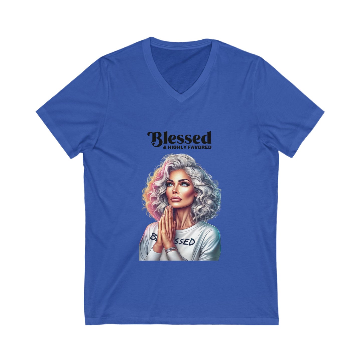 Blessed & Highly Favored V-Neck Tee, Inspirational T-Shirt, Faith-Based Apparel, Perfect Gift for Church, Casual Wear, Spiritual Motivation