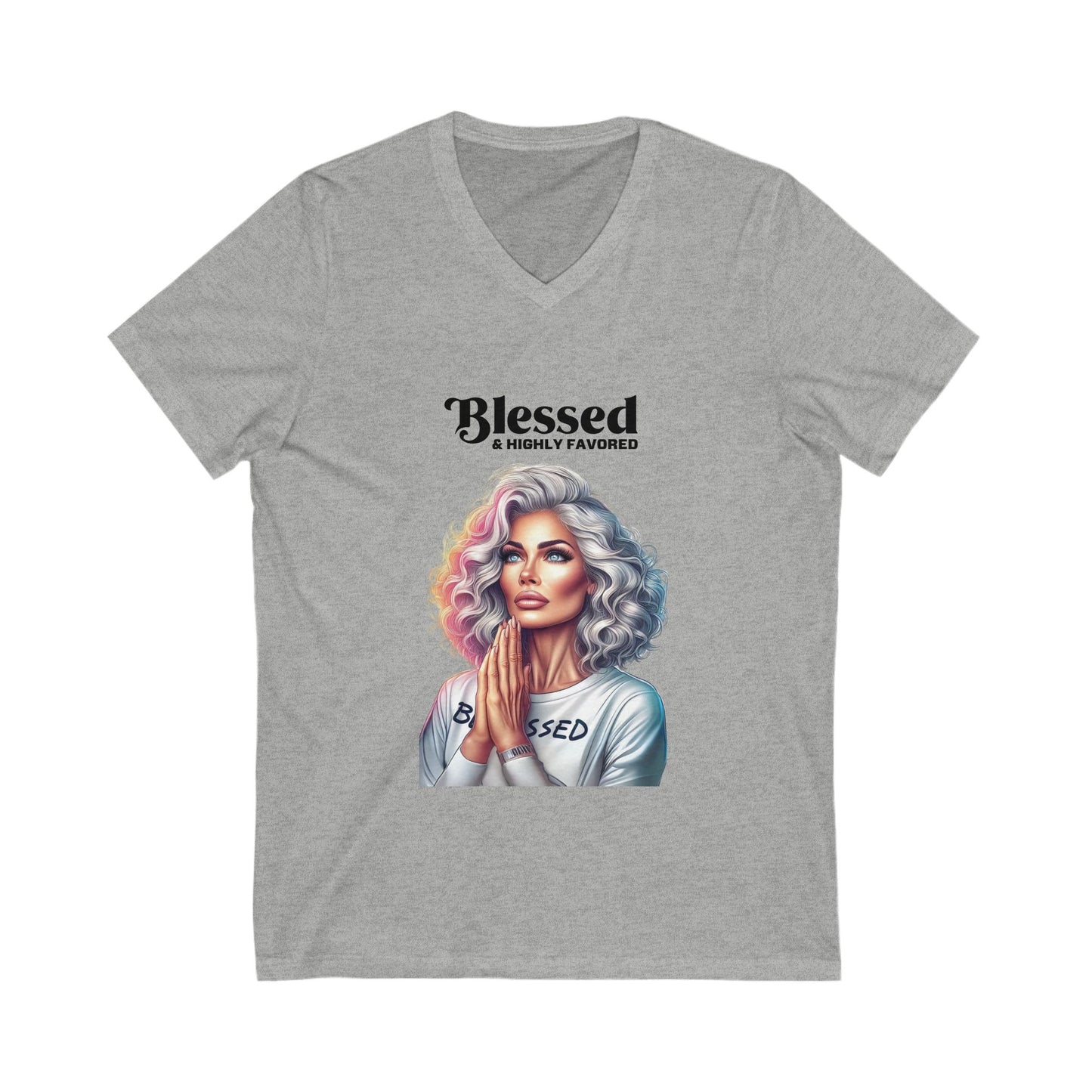 Blessed & Highly Favored V-Neck Tee, Inspirational T-Shirt, Faith-Based Apparel, Perfect Gift for Church, Casual Wear, Spiritual Motivation