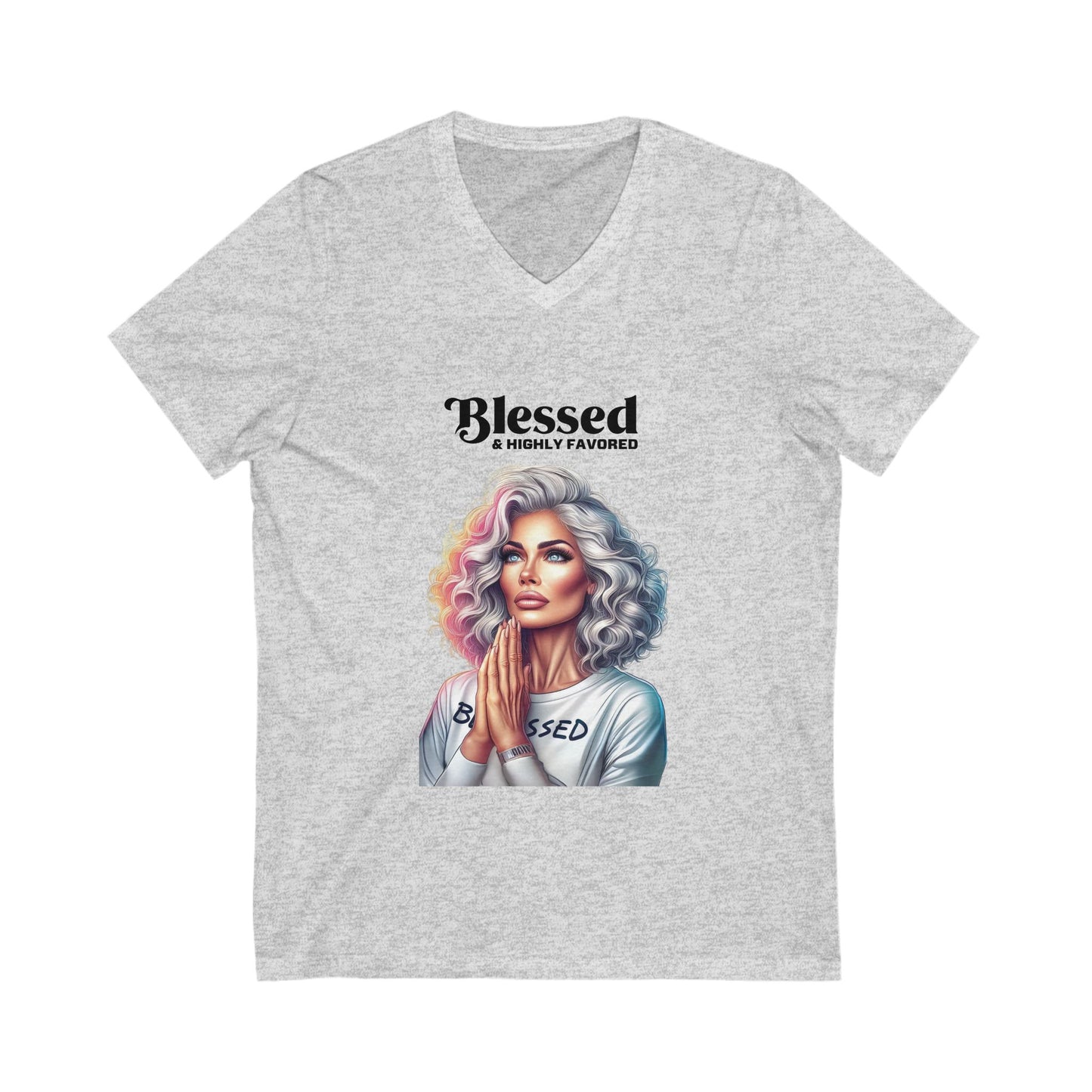 Blessed & Highly Favored V-Neck Tee, Inspirational T-Shirt, Faith-Based Apparel, Perfect Gift for Church, Casual Wear, Spiritual Motivation