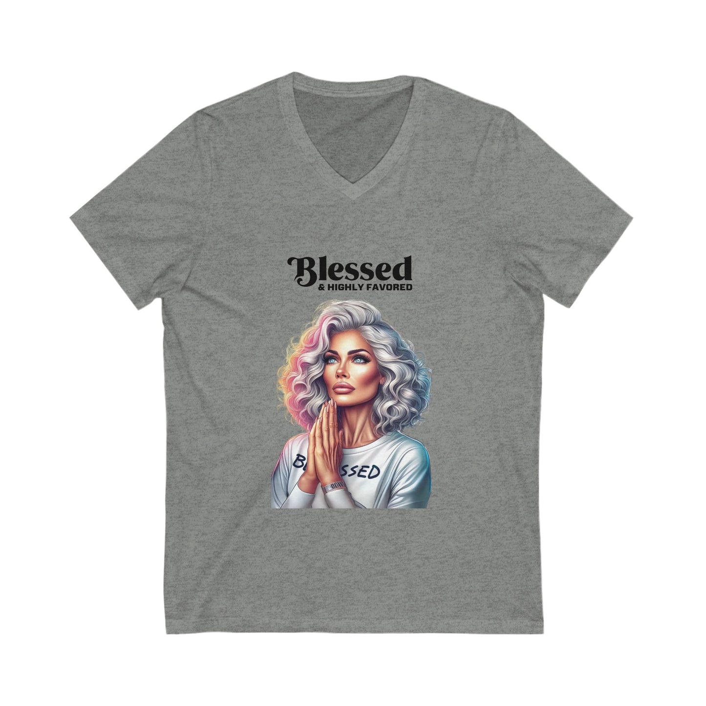 Blessed & Highly Favored V-Neck Tee, Inspirational T-Shirt, Faith-Based Apparel, Perfect Gift for Church, Casual Wear, Spiritual Motivation