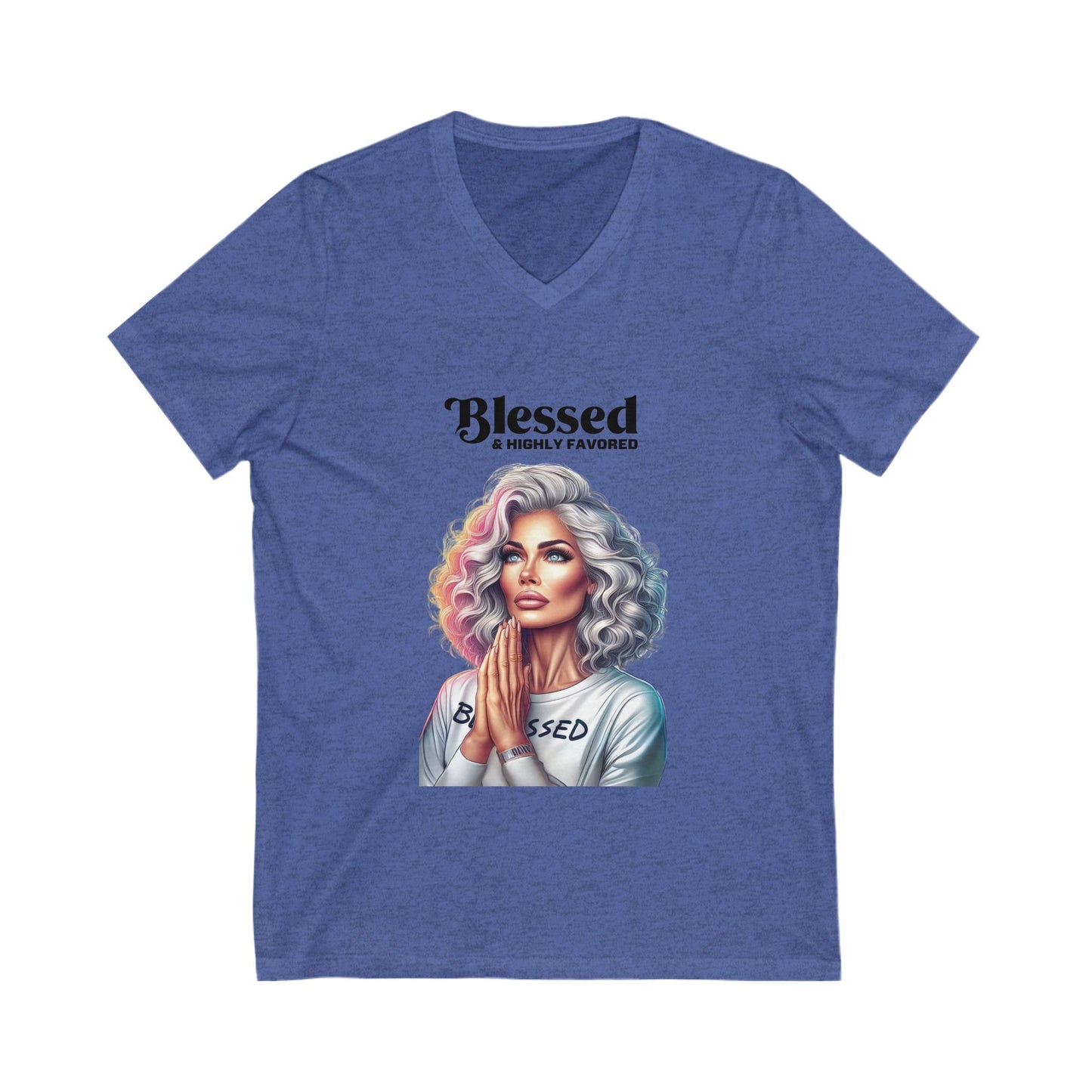 Blessed & Highly Favored V-Neck Tee, Inspirational T-Shirt, Faith-Based Apparel, Perfect Gift for Church, Casual Wear, Spiritual Motivation